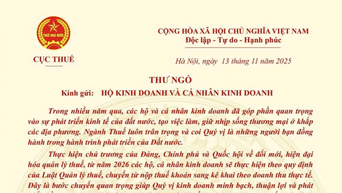 Cục Thuế gửi thư ngỏ chuyển đổi từ thuế khoán sang kê khai doanh thu thực tế